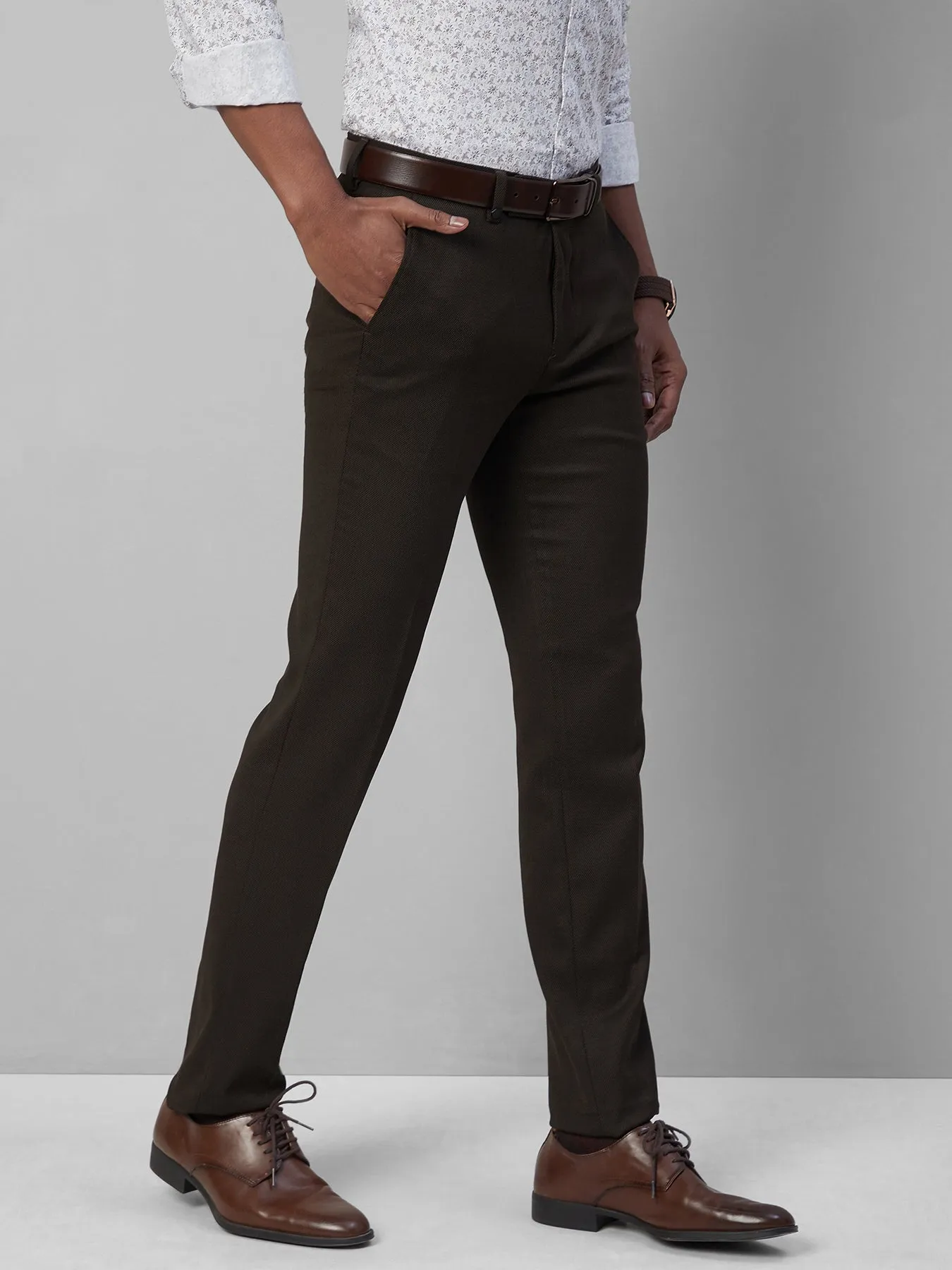 PV Stretch Brown SLIM FIT Flat Front Dobby Formal Trousers