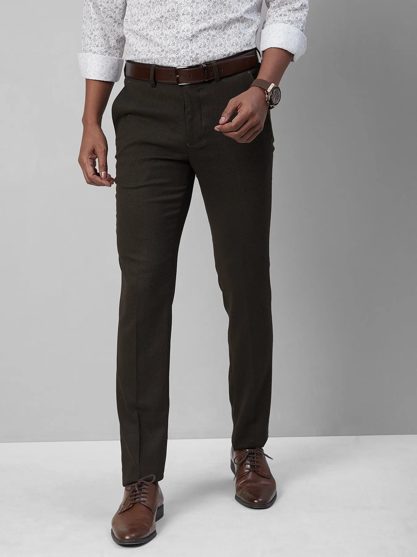 PV Stretch Brown SLIM FIT Flat Front Dobby Formal Trousers