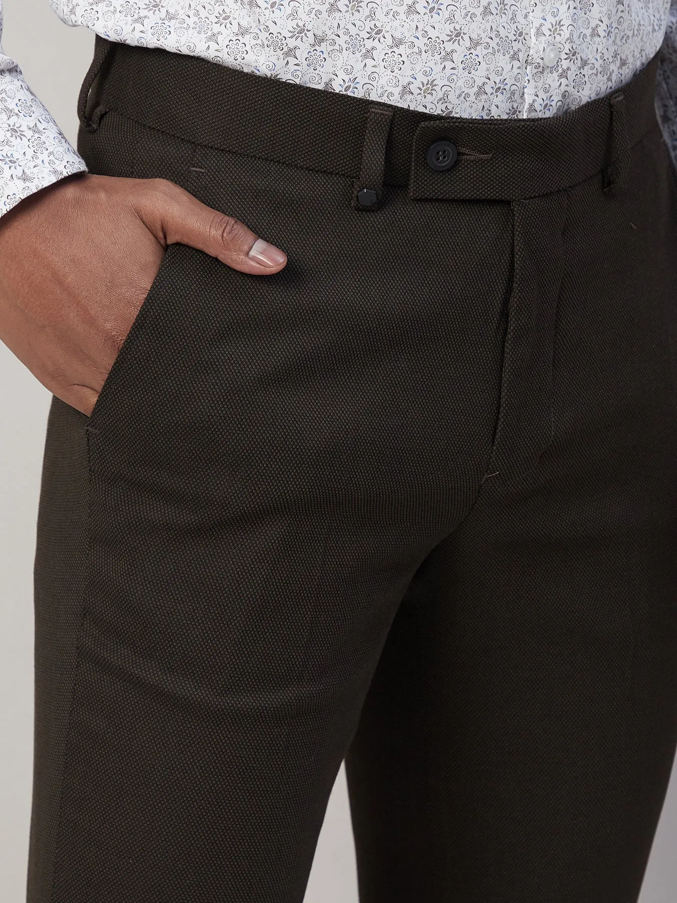 PV Stretch Brown SLIM FIT Flat Front Dobby Formal Trousers