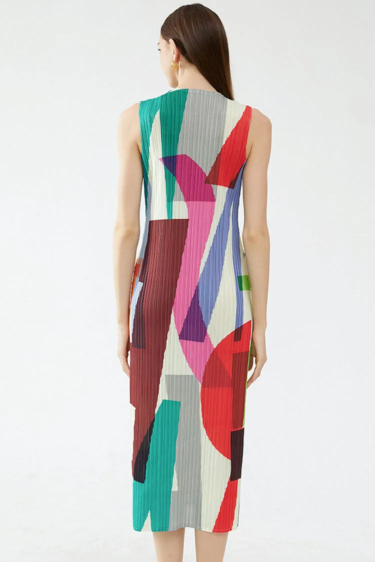 Relaxed Color Block Sheath Pleated Sleeveless Midi Dress - Multicolor