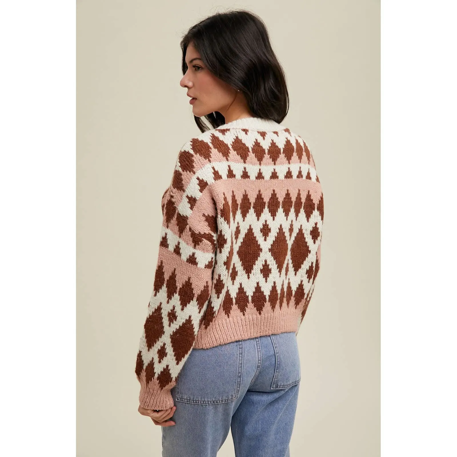 Rose   Chocolate Jacquard Crewneck Sweater