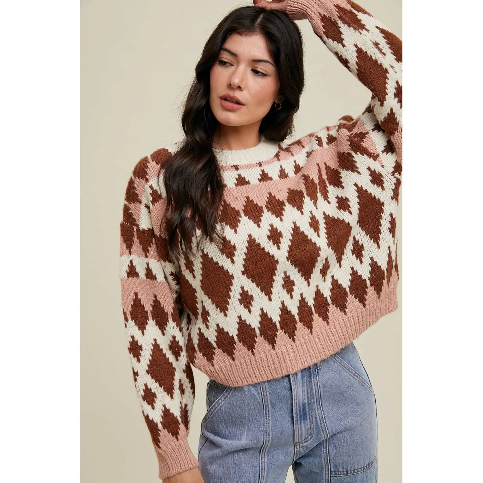 Rose   Chocolate Jacquard Crewneck Sweater