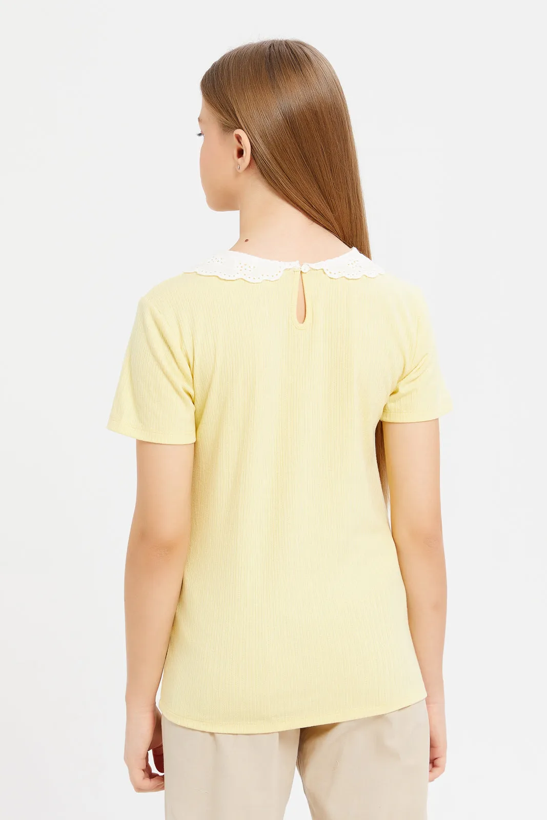 Senior Girls Yellow Peter Pan Collar Rib Blouse