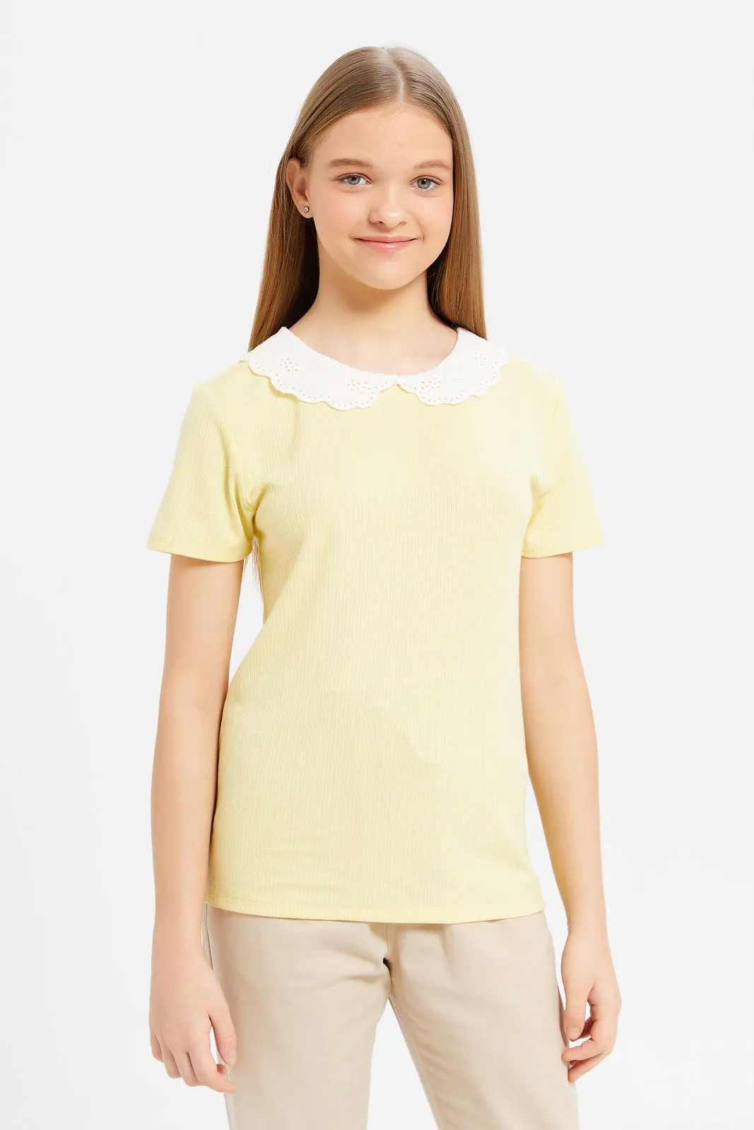 Senior Girls Yellow Peter Pan Collar Rib Blouse