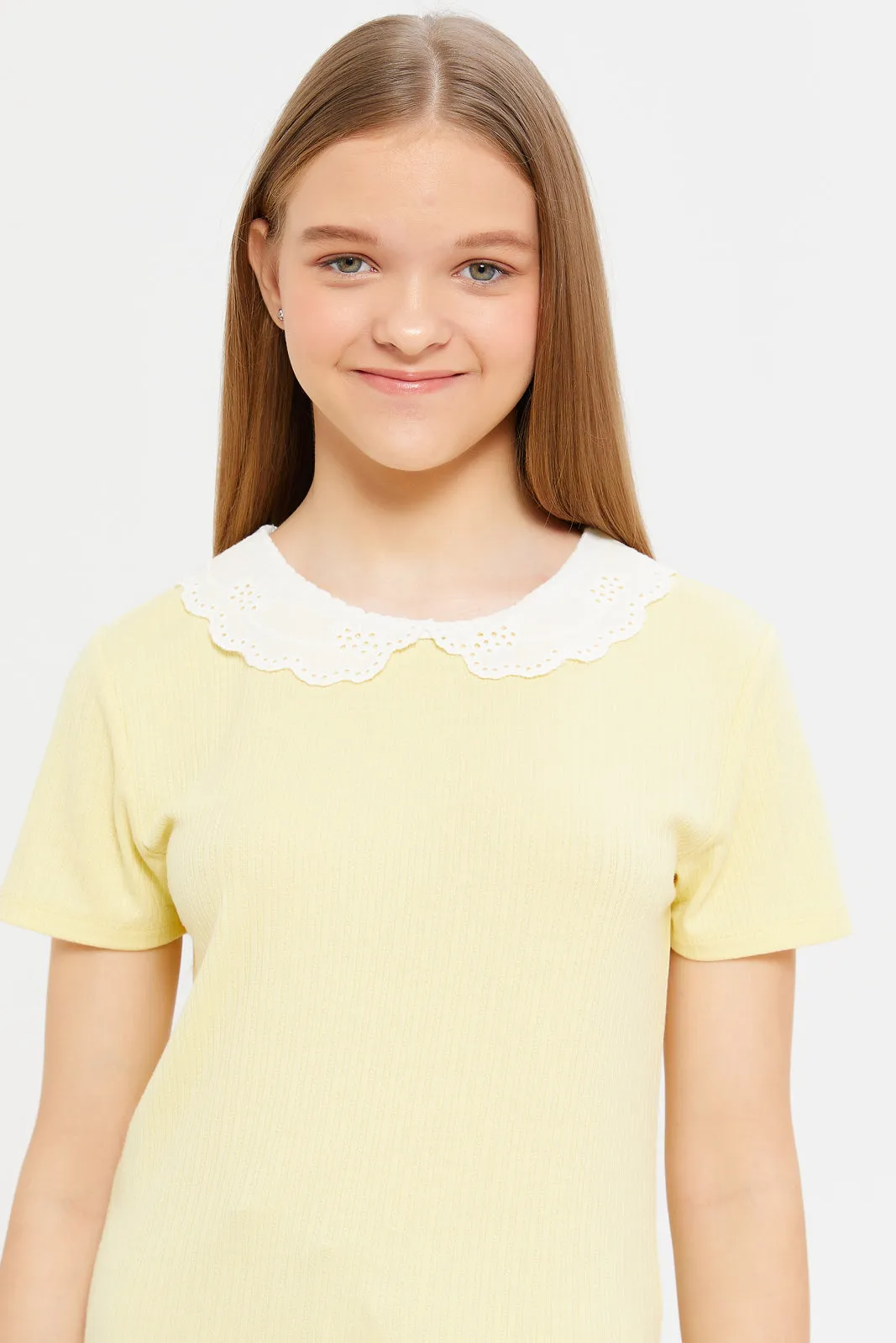 Senior Girls Yellow Peter Pan Collar Rib Blouse