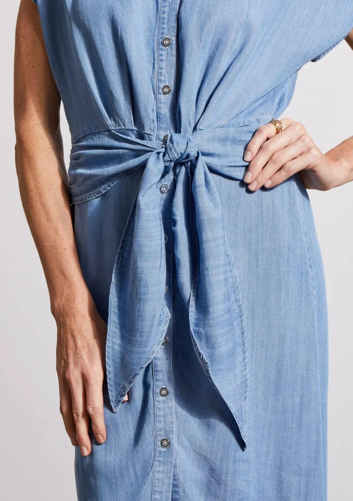 Shirt Dress with Front Waist Tie - Blue