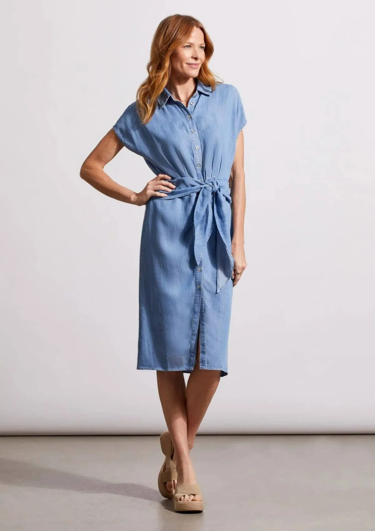 Shirt Dress with Front Waist Tie - Blue