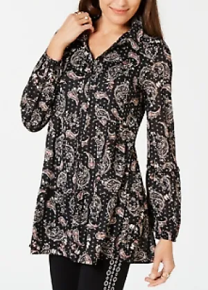 Style & Co Button-Down Printed Peplum Top, Size Large