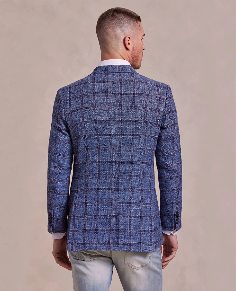 The Cameron - Linen Wool Hopsack Check Jacket- Blue/Red