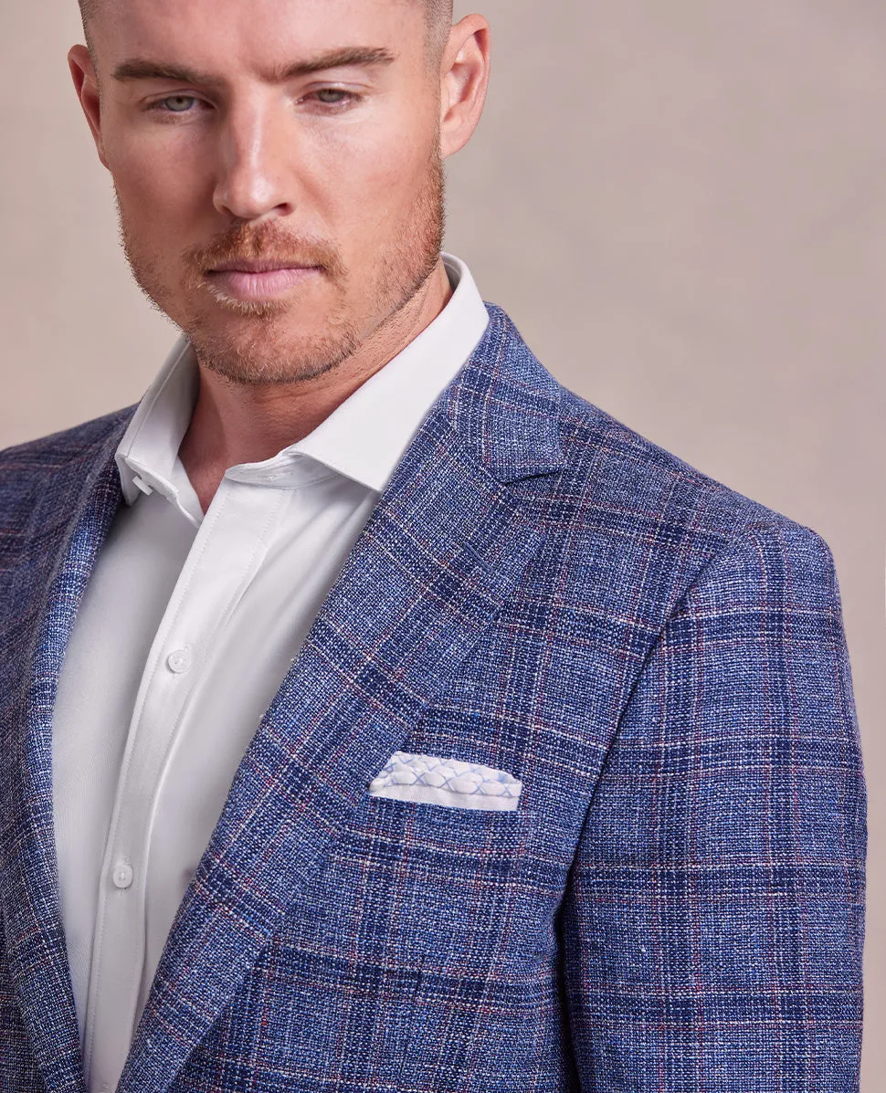 The Cameron - Linen Wool Hopsack Check Jacket- Blue/Red