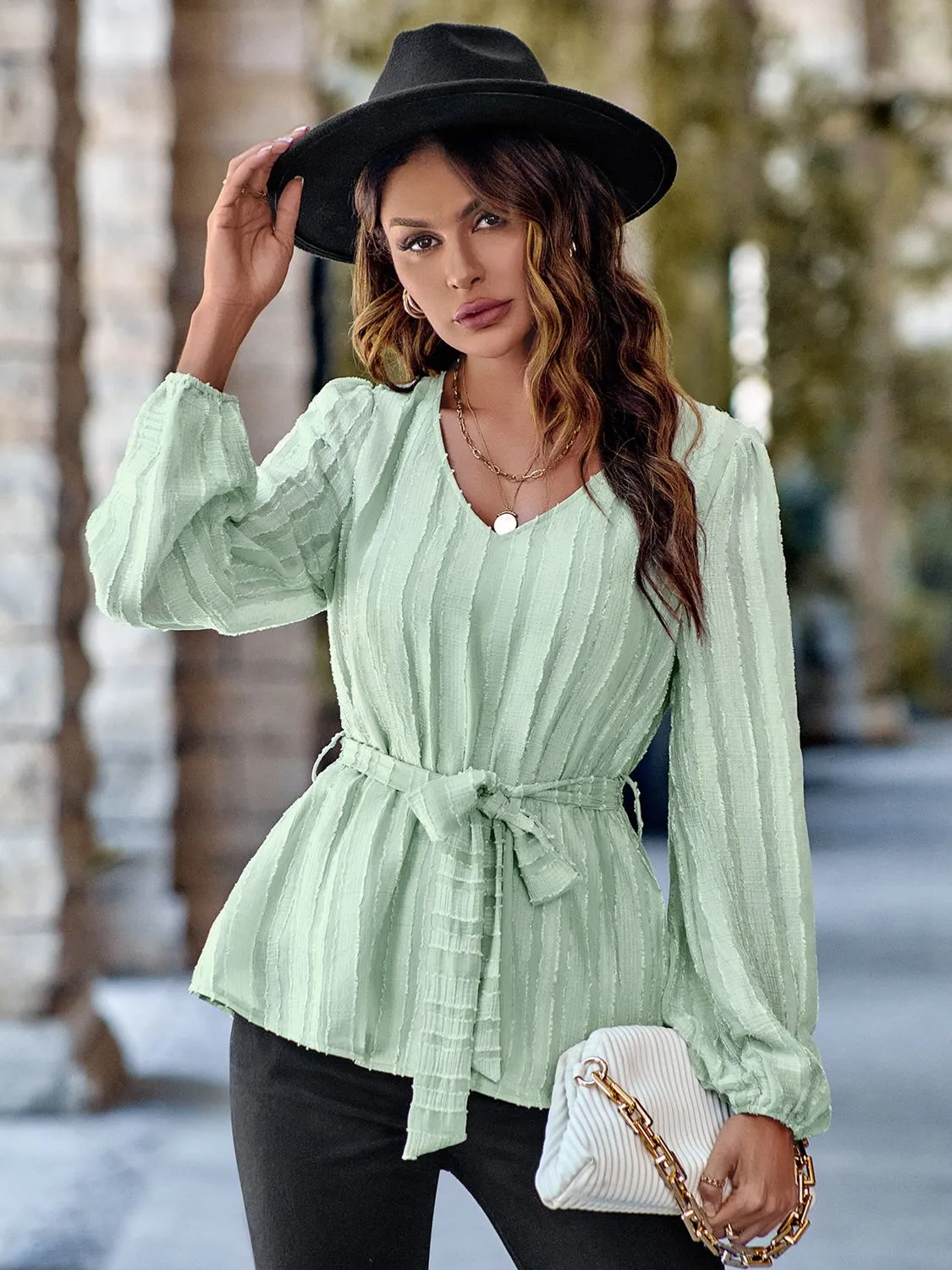 V-Neck Tie Waist Long Sleeve Blouse