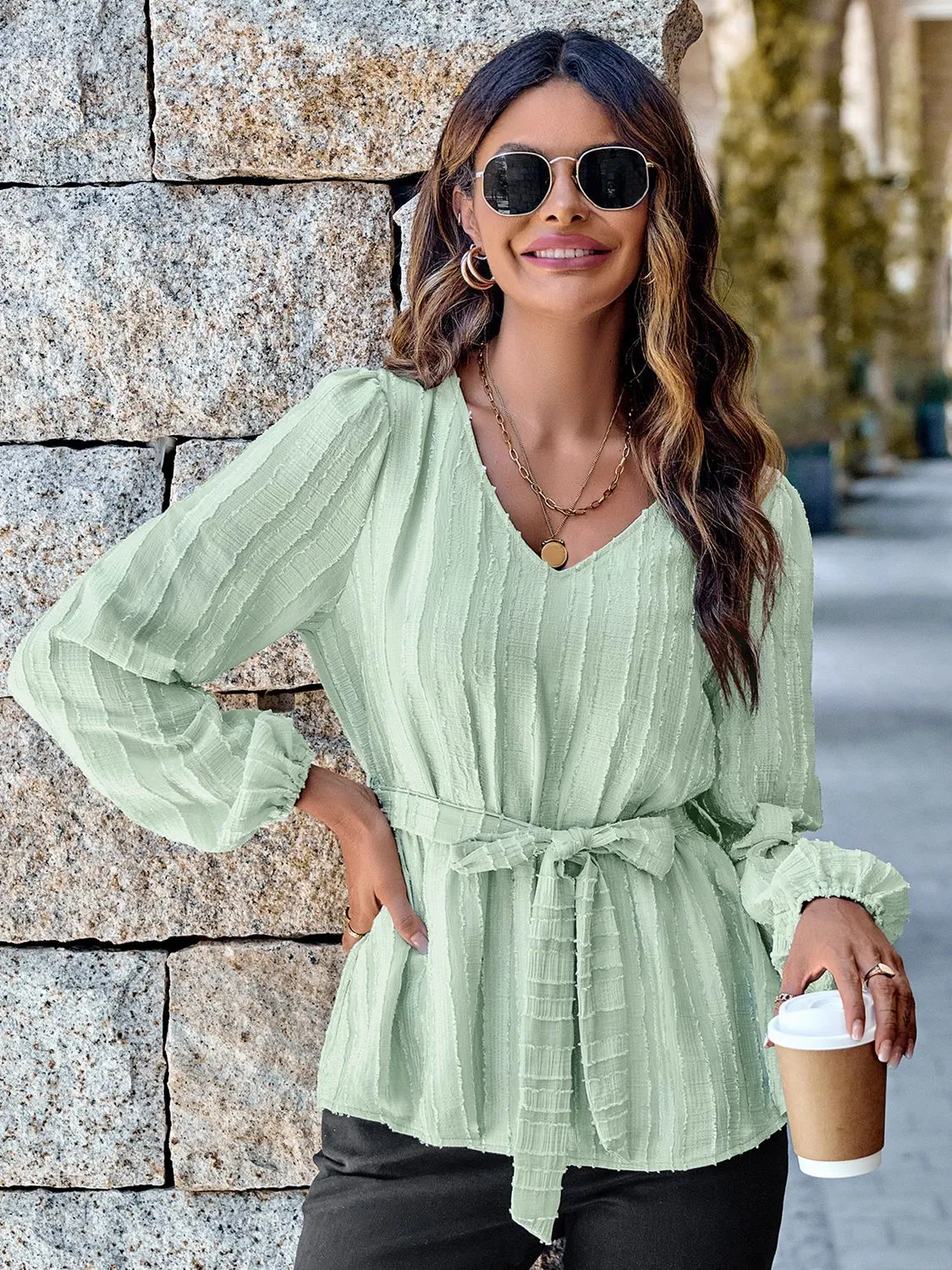 V-Neck Tie Waist Long Sleeve Blouse