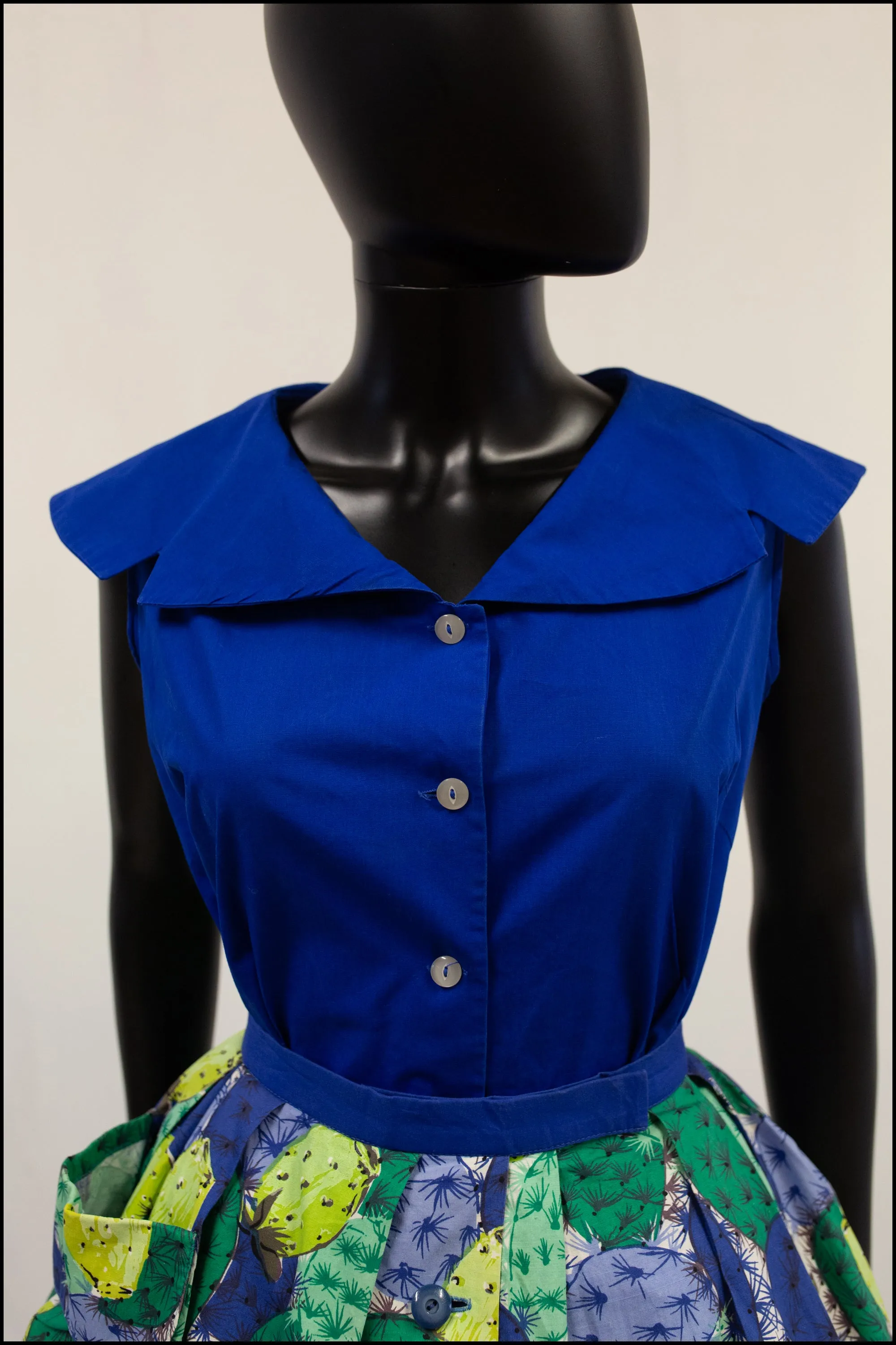 Vintage 1950s Blue Shawl Collar Cotton Blouse