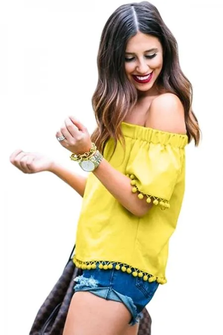 Yellow Off Shoulder Pom Pom Blouse