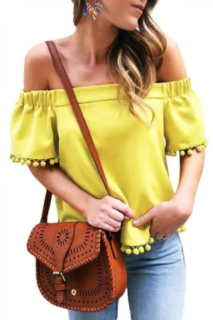 Yellow Off Shoulder Pom Pom Blouse